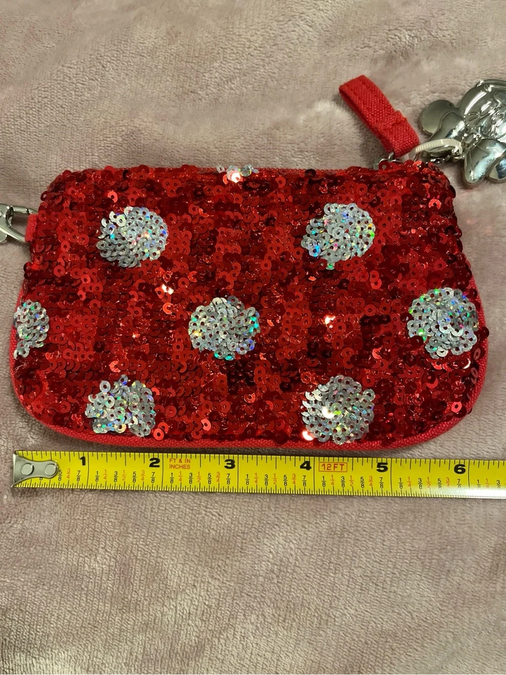 Disney Parks Minnie Mouse Red Sequin Polka Dot Wristlet Pouch with Charm